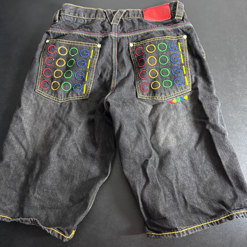 Coogi Denim Shorts Boys 18 Black Rainbow Embroidery Vintage Hip Hop‎ Streetwear